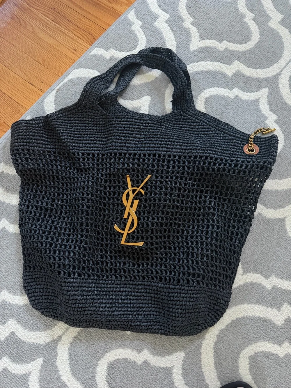 Icare Style Blue Black Raffia Maxi Tote Bag NWOT